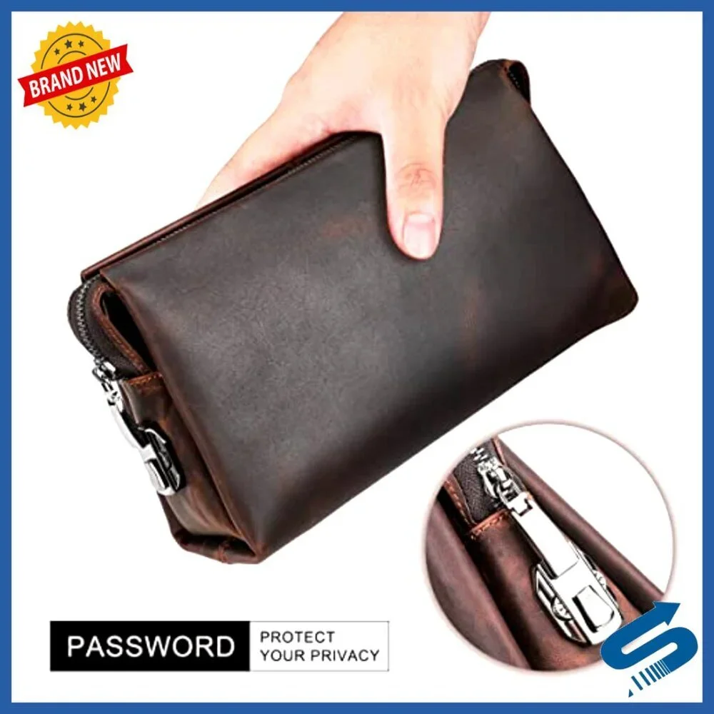 Men's Genuine Leather Clutch Bag with Code Lock, Phone Holder, Travel Business